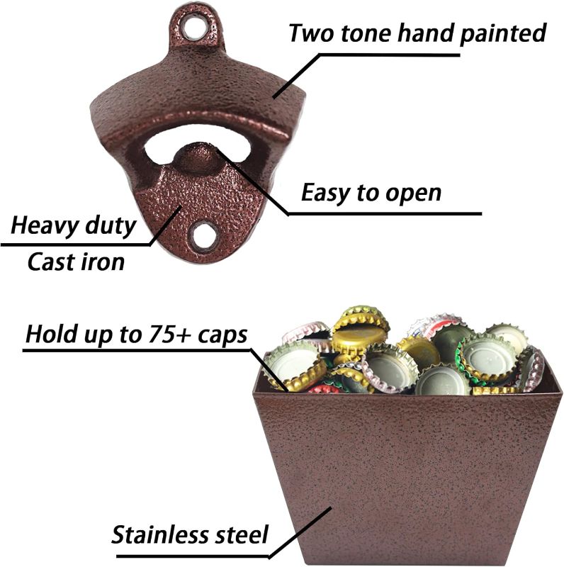 Photo 1 of Bronze Cast Iron Soda Or Beer Bottle Opener Wall Mounted with Cap Catcher , Durable, No Mess, Drain Holes, Cap Catcher is Stainless Steel - Opener is Cast Iron
