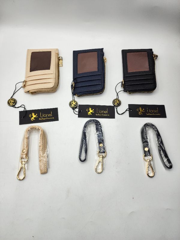 Photo 1 of 5” 3 Pack Lionel Wristlet Wallet Faux Leather, 4 Card Slots 1 ID Slot, 1 Zipper Pocket, Wrist Strap, Each, Small Slim & Compact Colors Cream, Black, Navy Blue