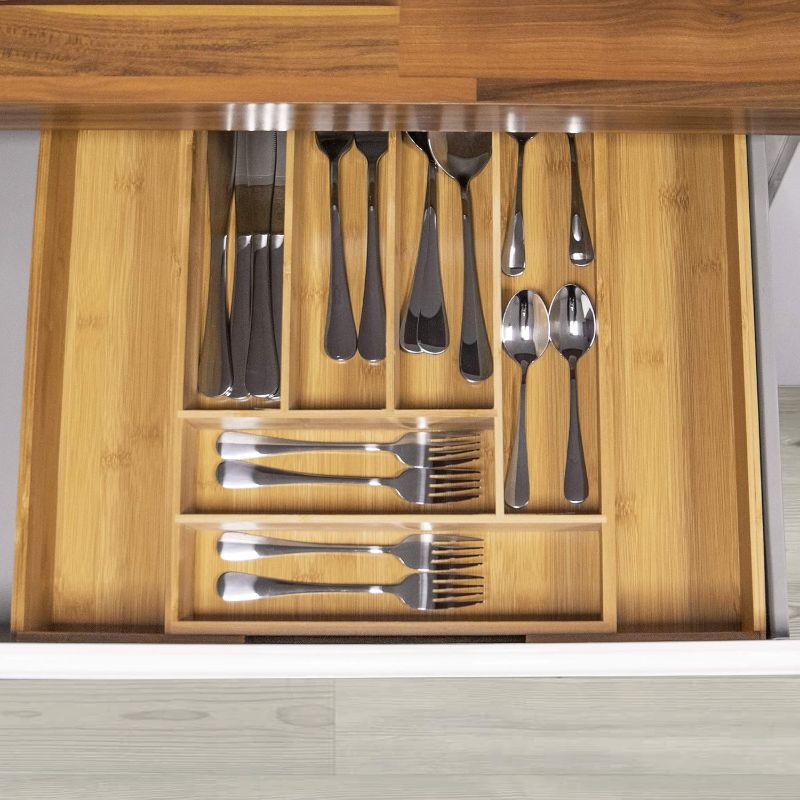 Photo 1 of Bamboo Extending Cutlery Drawer | 6-8 Adjustable Compartments | Naturally Durable & Water Resistant Tray | Wooden Kitchen Organizer