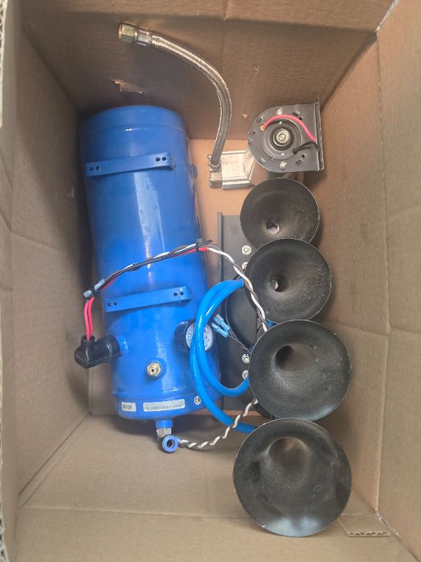 View 4 of 4 Trumpet Air Horn Kit, 150dB Train Horns for Pickup Trucks, 12V 120 psi Air Compressor 1.6 Gal/6 L Tank with Gauge for Any 12V Vehicle Car Truck Train Van Boat