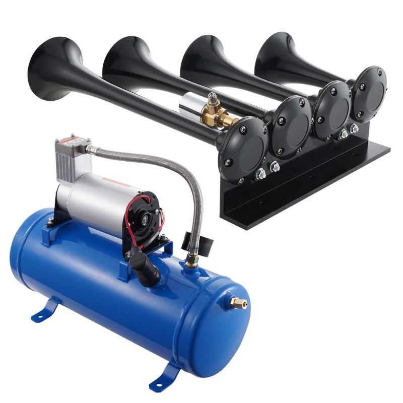 View 1 of 4 Trumpet Air Horn Kit, 150dB Train Horns for Pickup Trucks, 12V 120 psi Air Compressor 1.6 Gal/6 L Tank with Gauge for Any 12V Vehicle Car Truck Train Van Boat