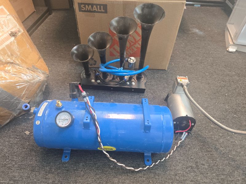View 3 of 4 Trumpet Air Horn Kit, 150dB Train Horns for Pickup Trucks, 12V 120 psi Air Compressor 1.6 Gal/6 L Tank with Gauge for Any 12V Vehicle Car Truck Train Van Boat