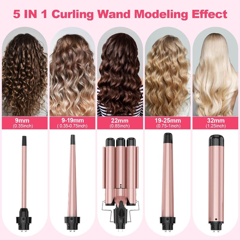 Photo 1 of Curling Wand Set, Curling Iron Interchangeable 3 Barrel Wand Curler with Ceramic Tourmaline Professional 5 in 1 Wand Curling Iron,for Women with Curler and Waver