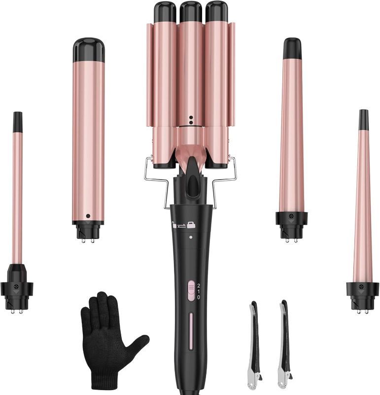 Photo 1 of Curling Wand Set, Curling Iron Interchangeable 3 Barrel Wand Curler with Ceramic Tourmaline Professional 5 in 1 Wand Curling Iron,for Women with Curler and Waver