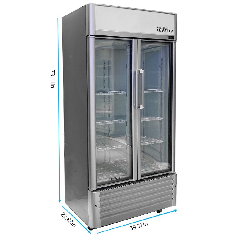 Photo 1 of Premium Levella Glass Door Refrigerator Beverage Display Cooler-18.0 cu ft-Silver - Adjustable Shelves Double & Layered Glass Doors. Temp Range 32-50 degrees Fahrenheit. Product Dimensions: (in):W: 39.4 D: 22.83 H: 73.11 Weight: 254.00 lb - Master Box Dim