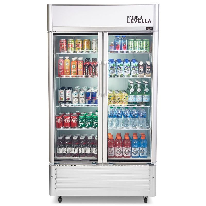Photo 1 of Premium Levella Glass Door Refrigerator Beverage Display Cooler-18.0 cu ft-Silver - Adjustable Shelves Double & Layered Glass Doors. Temp Range 32-50 degrees Fahrenheit. Product Dimensions: (in):W: 39.4 D: 22.83 H: 73.11 Weight: 254.00 lb - Master Box Dim