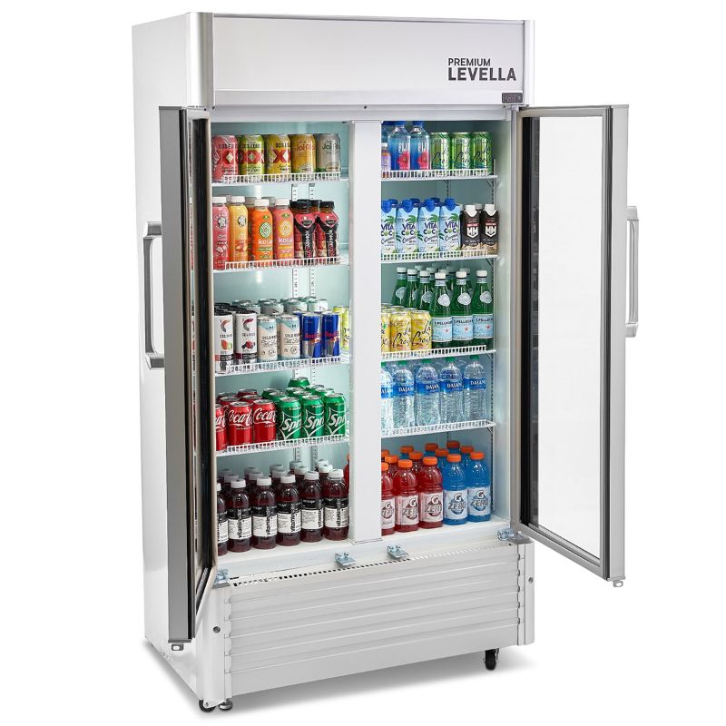 Photo 1 of Premium Levella Glass Door Refrigerator Beverage Display Cooler-18.0 cu ft-Silver - Adjustable Shelves Double & Layered Glass Doors. Temp Range 32-50 degrees Fahrenheit. Product Dimensions: (in):W: 39.4 D: 22.83 H: 73.11 Weight: 254.00 lb - Master Box Dim