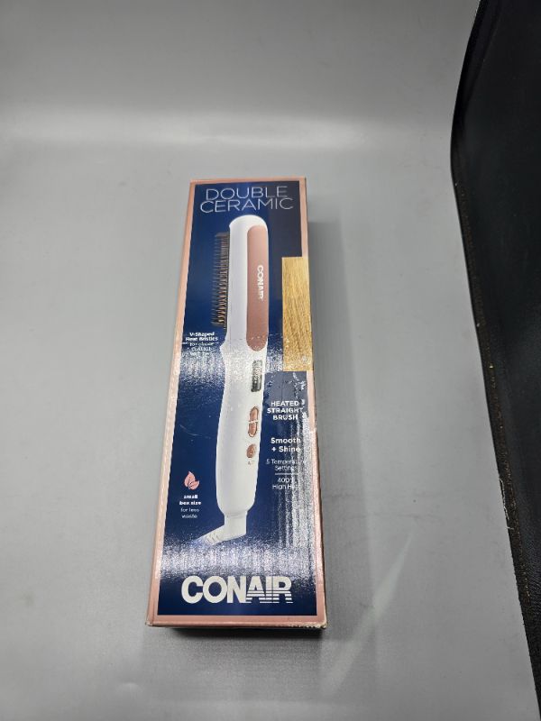 Photo 1 of Conair Double Ceramic Hair Straightener Brush, Heated Straightening Brush for Smooth, Shiny Hair, V-Shaped Heated Bristles for Closer Contact, 5 LED Heat Settings, Dual Voltage, White