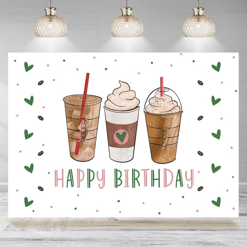 Photo 1 of Happy Birthday Photography Backdrop 7x5ft Coffee Theme Birthday Background Party Decoration Supplies Pictures Favors Cake Table Banner Photo Booth Studio Props