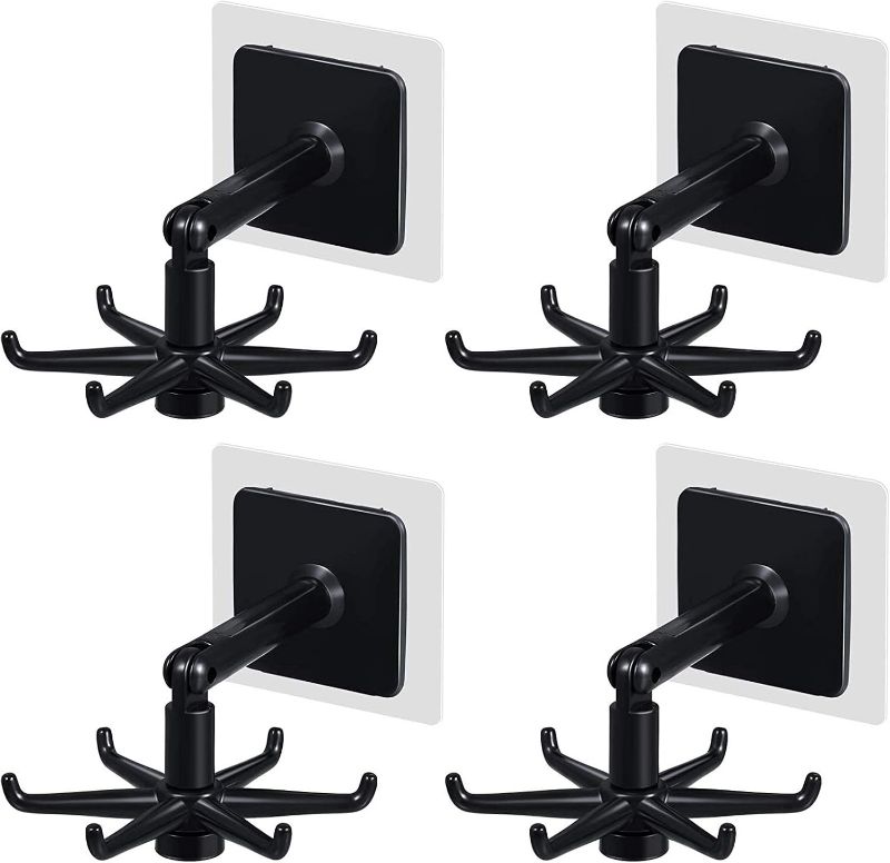 Photo 1 of Hanging Utensil Holder Hooks Kitchen Utensil Hanger Wall Mount 360 Degrees Rotating Folding Hook Self Adhesive Hook Utensil Rack with 6 Hooks for Kitchen Bathroom Cabinet (4 Black)