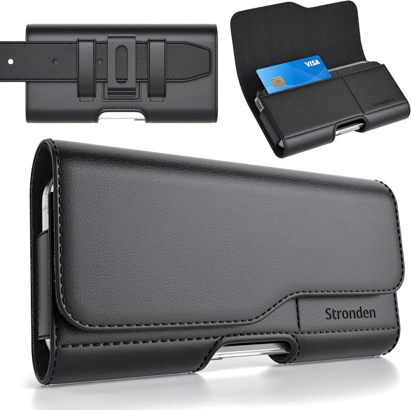 Photo 1 of Holster for iPhone 17 Pro, 17, 16, 16 Pro, 16e, 15, 15 Pro, 14, 14 Pro, 13, 13 Pro, 12, 12 Pro, 11, XR - Leather Belt Case Pouch (Fits Otterbox Commuter Case on)