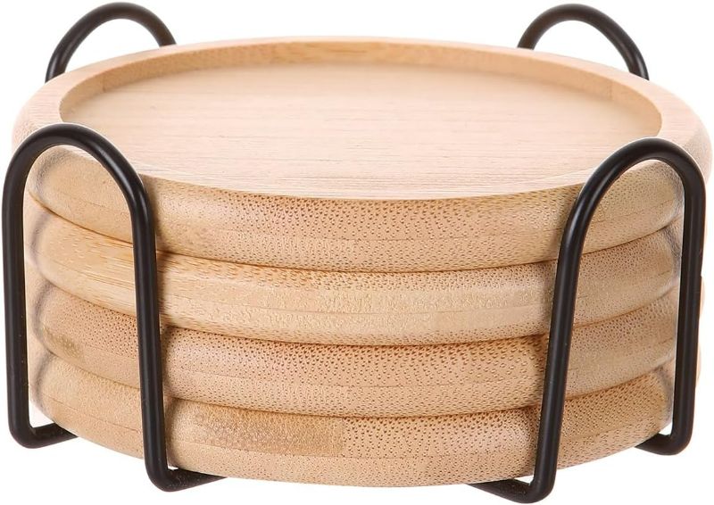 Photo 1 of Bamboo 4 inch coaster [4 pcs] Coasters with Holder - Drinking Coasters - Cup Mat for Drinks - Live for Hot or Cold Drink - Non-slip and non-stick,Suitable for Kinds Cups and Living Room Decor