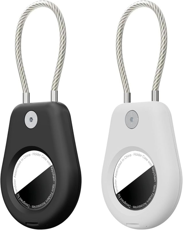 Photo 1 of [2 Pack] for AirTag Keychain Holder with Wire Cable, Secure Lock Case for Air tag, Key Ring Chain, Protective Accessory with AirTag for Keys, Luggage, Black+White