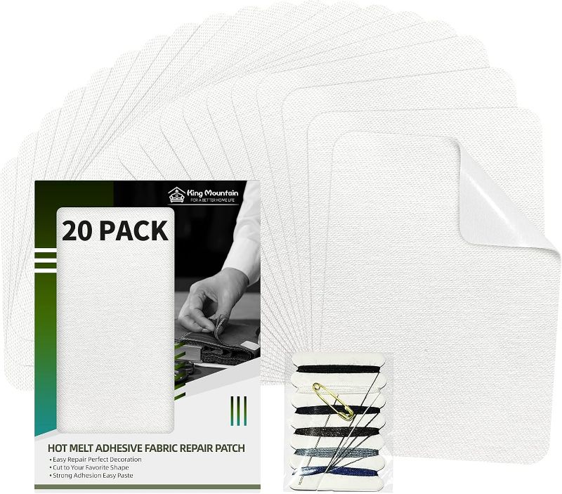 Photo 1 of KING MOUNTAIN Iron-on Repair Patch 20 Pcs Pack,100% Cotton Iron-on Repair Patch,3" x4-1/4 with Back Glue Fabric Repair Kit,Repair Denim, Clothes and Fabric (White1.0