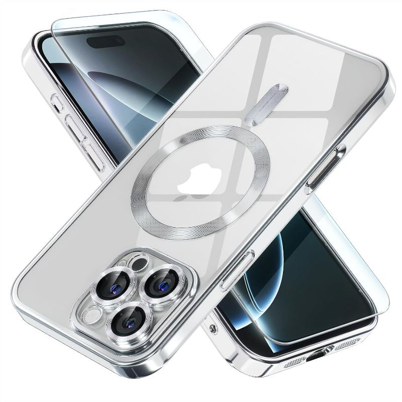 Photo 1 of Misea Magnetic iPhone 16 Pro Max Case with MagSafe, Never Yellowing | Military Grade Drop Protection | Full Camera Lens Protector | Plating Soft Clear Phone Case | for Women Girls | 6.9 inch | Silver