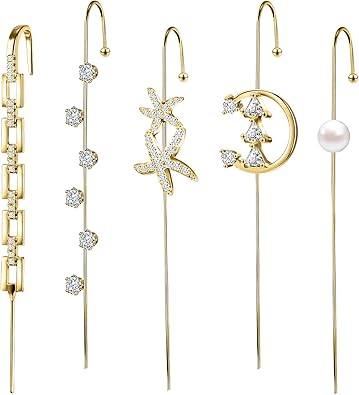 Photo 1 of Trendy Pierced Ear Crawler Earrings for Women Gold & Silver Snowflake Rhinestone Helix Hook Set Fashionista Jewelry with Secure Ear Plug Fixer for Daily & Evening Outfits
