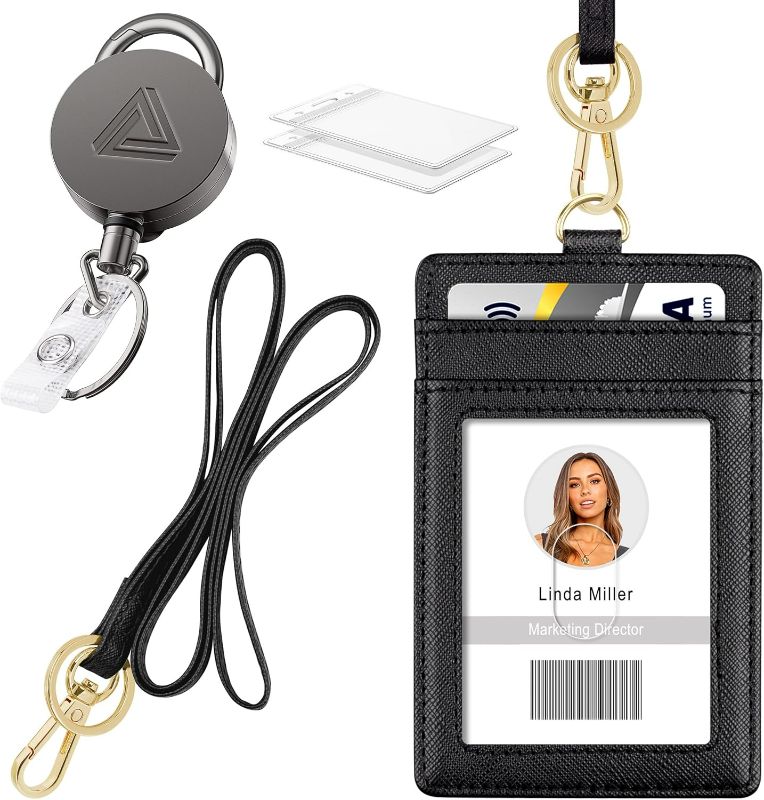 Photo 1 of 2 Pack Heavy Duty Metal Retractable Badge Holder Reel Set and Vertical PU Leather ID Badge Card Holder with Lanyard