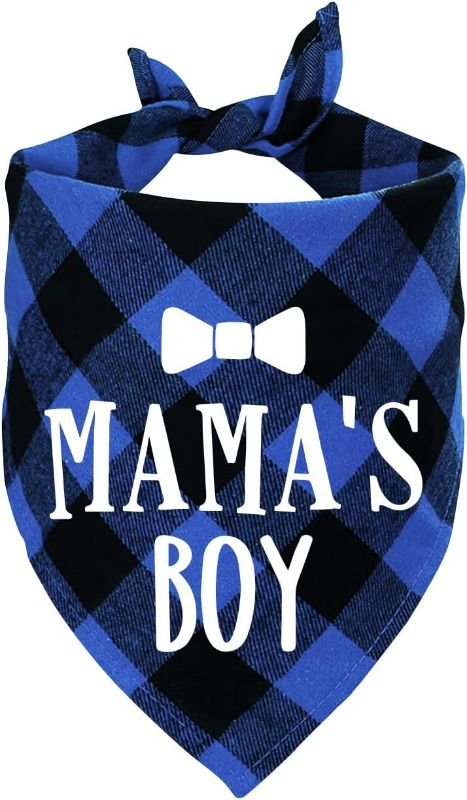 Photo 1 of Ptzizi Funny Blue Plaid Cotton Pet Dog Triangle Bandana Bibs, Mama's Boy Gender Reveal Photo Prop Scarf Decorations Accessories, Scarves Dog Lovers Owner Gift