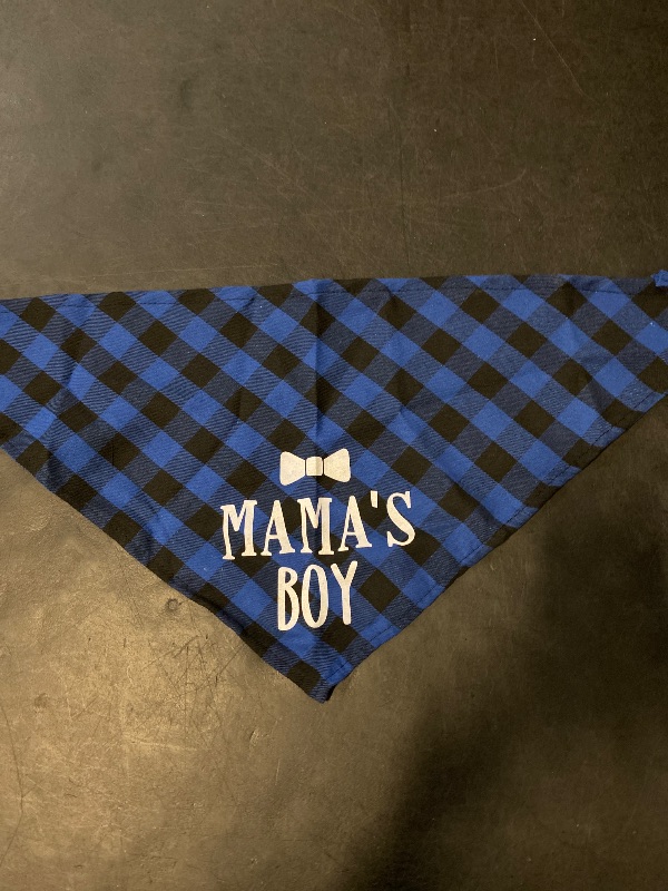Photo 1 of Ptzizi Funny Blue Plaid Cotton Pet Dog Triangle Bandana Bibs, Mama's Boy Gender Reveal Photo Prop Scarf Decorations Accessories, Scarves Dog Lovers Owner Gift