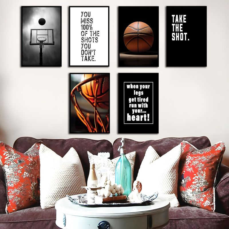 Photo 1 of Basketball Canvas Wall Art Inspirational Sport Theme Painting Picture Wall Decor Black White Basketball Motivational Quotes Poster Print Artwork for Teen Boys Kids Room Decor