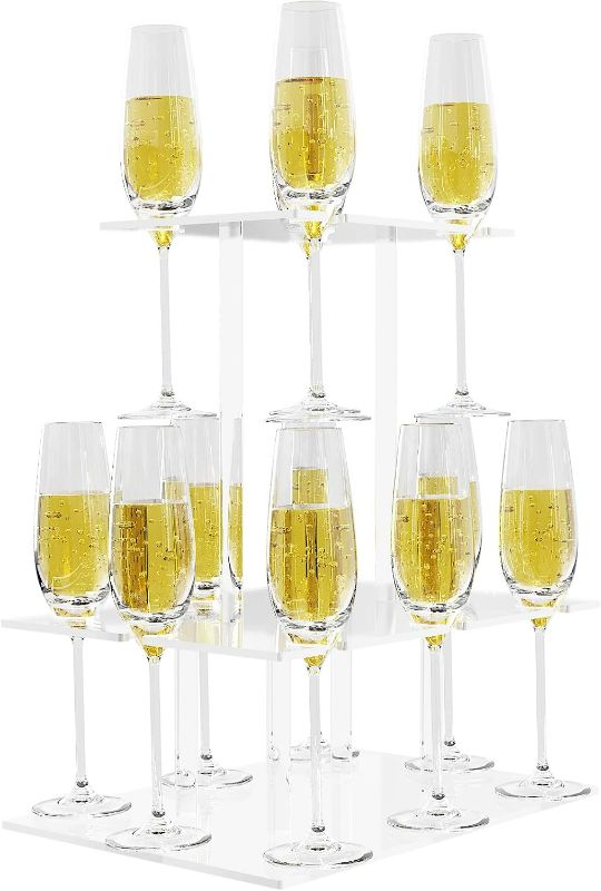 Photo 1 of Champagne Tower, Rectangle Acrylic Champagne Display Rack Stand with 12 Slots, 2 Tiers Floating Sight Champagne Flute Holder for Party, Wedding, School, Celebration, 13.3x9.4x15.3 inch