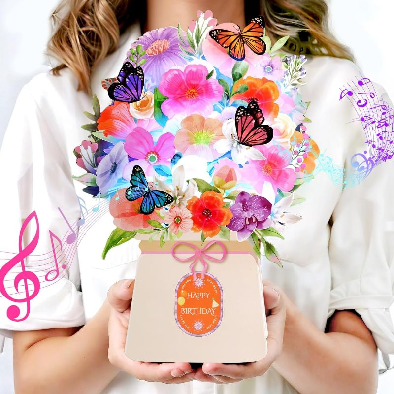 Photo 1 of Birthday Cards, Light and Music Happy Birthday Card, Lily and Butterflies, 10 Inch Life Sized Forever Flower Bouquet 3D Pop Up Birthday Gift Card for Women Wife Mom Daughter Sister