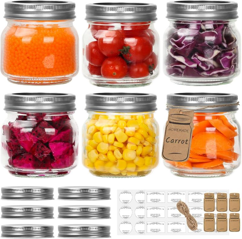 Photo 1 of Small Mason Jars 8oz/240ml with Regular Lids, 6 Pack Glass Canning Jars With Labels, Mini Glass Jars for Jam Jelly Spice Honey Herbs, Wedding Shower Favors Food Storage Candle Jars