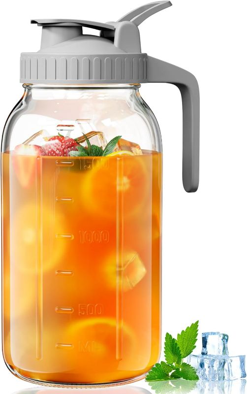 Photo 1 of OneDream Glass Pitcher with Lid, 64 oz Large Mason Jar Wide Mouth, Sun Tea Glass Jar for Outside, Iced Tea Pitcher for Cold Beverages, Breast Milk, and Home Entertaining