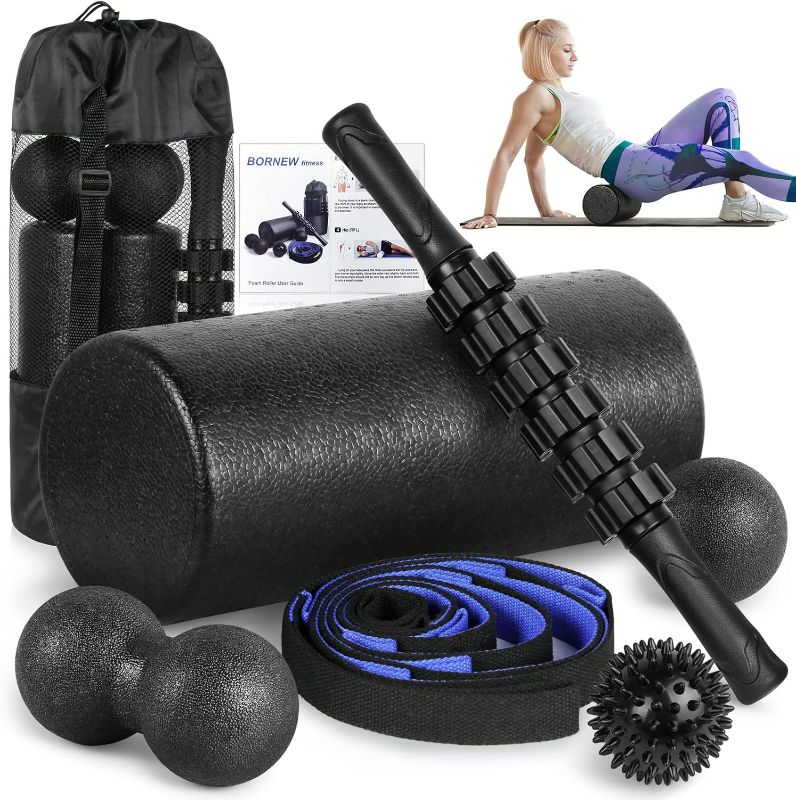 Photo 1 of Foam Roller Set - High Density Back Roller, Muscle Roller Stick,2 Foot Fasciitis Ball, Stretching Strap, Massager Ball for Whole Body Physical Therapy & Exercise, Yoga, Back Pain, Leg, Deep Tissue