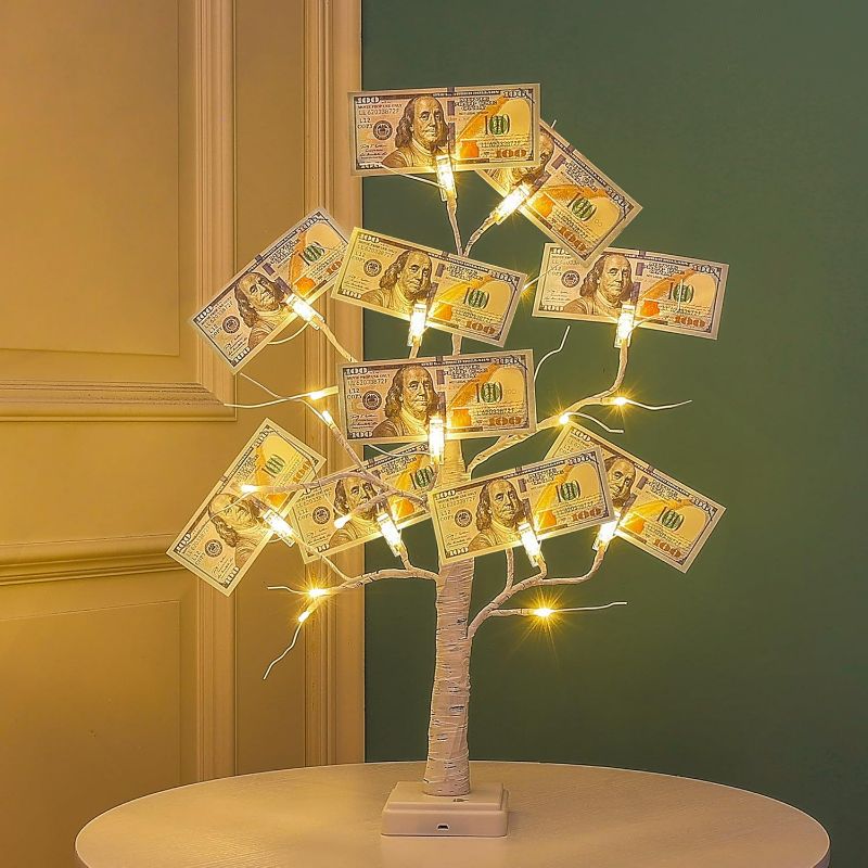 Photo 1 of Woohaha 2FT Money Tree with Holder,24LED Lighted Birch Tree table centerpiece,Gift Card Tree Battery/USB Powered with 6 Clips and 6 Greeting Cards for Home, Party,Christmas,Wedding,Birthday,Graduation