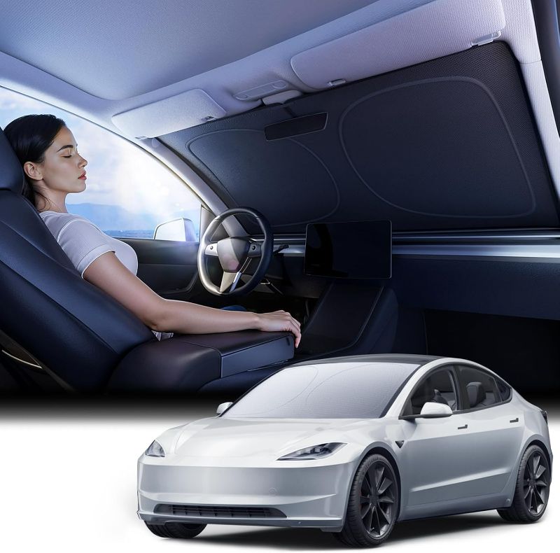 Photo 1 of [2025 Upgraded] Nmoiss Model 3 Accessories Car Windshield Sun Shade [Dot Matrix Reflective Coating] Extended Edge No Light Leakage Design Cooling Protect Car Interior from UV Damage - Model 3