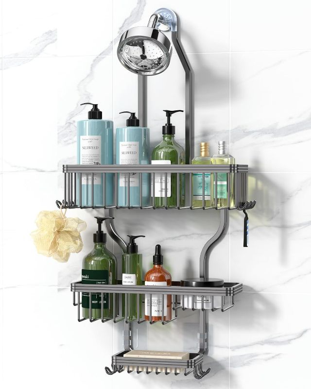 Photo 1 of YASONIC Shower Caddy Hanging - Never Rust Organizer - Aluminum over The head caddy with 10 Hooks for Razor/Sponge - Shower Rack with Soap Basket - Grey