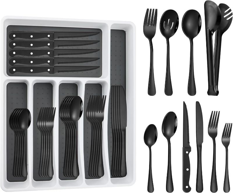 Photo 1 of 53PCS Black Silverware Set for 8 with Cutlery Drawer Organizer, Stainless Steel Flatware Set with Steak Knives, Include Spoons and Forks Set & Serving Utensils, Mirror Polished
