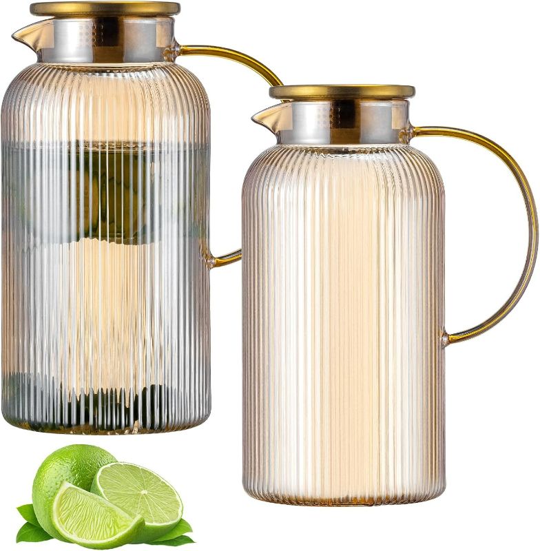 Photo 1 of 2 PACK Glass Pitcher with Lid, 68 oz/ 2 Liter Amber Classic Vertical Stripes Water Pitcher,Glass Water Carafe for Cold Brew, Coffee, Lemonade, Iced Tea,Beverage, Heat Resistant Water Glass Jug