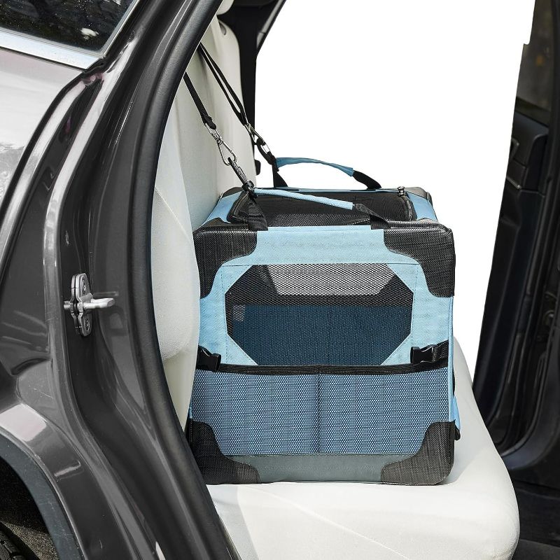Photo 1 of JOYTUTUS Collapsible Dog Crate, 20 Inch Portable Pet Crate for Car, Travel Foldable Crate for Puppy/Small Dog 18 lbs, Soft Cat Carrier Fit for Indoor & Outdoor/Car Back Seat/Trunk (Blue)