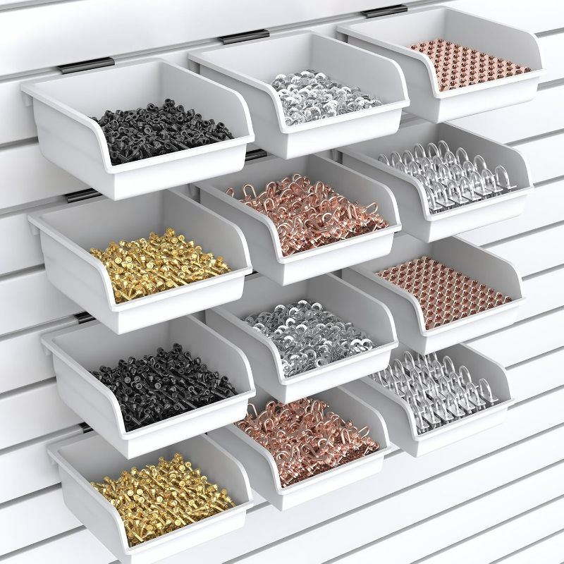 Photo 1 of Slatwall Bins with Hooks Plastic Slatwall Organizer Slatwall Containers Workbench Bins for Slat Wall Organizing Hardware, Garage, Craft Room, Tool Shed, Hobby Supplies (12, White)