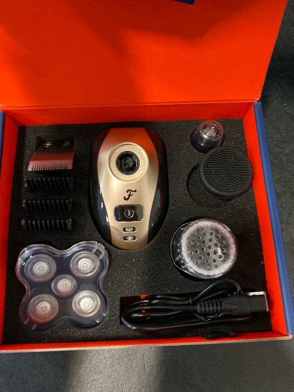 Photo 1 of FlexSeries Electric Head & Body Hair Shaver - Mens Cordless Rechargeable Wet/Dry Skull Bald Head Back & Groin Waterproof Razor with Rotary Blades, Clippers, Nose Trimmer, Brush, Massager