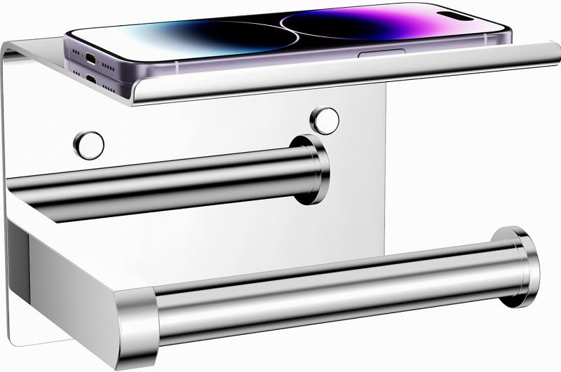 Photo 1 of Tindbea Toilet Paper Holder with Phone Shelf, Adhesive or Screw Wall Mount Toilet Tissue Roll Holder, Rustproof & Multifunctional Stainless Steel Bathroom Storage Dispenser (Polished Chrome)