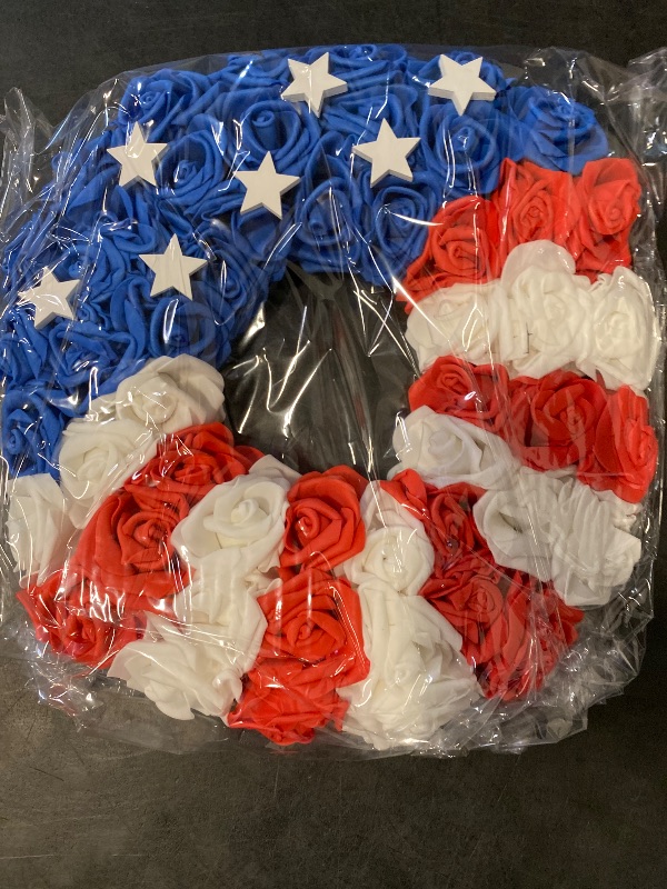 Photo 1 of 4th of July Wreath with Handmade Wooden Stars - 13 Inch Patriotic Front Door Wreath, Red White Blue American Flag Decor for Porch, Indoor Outdoor Memorial Day Independence Day