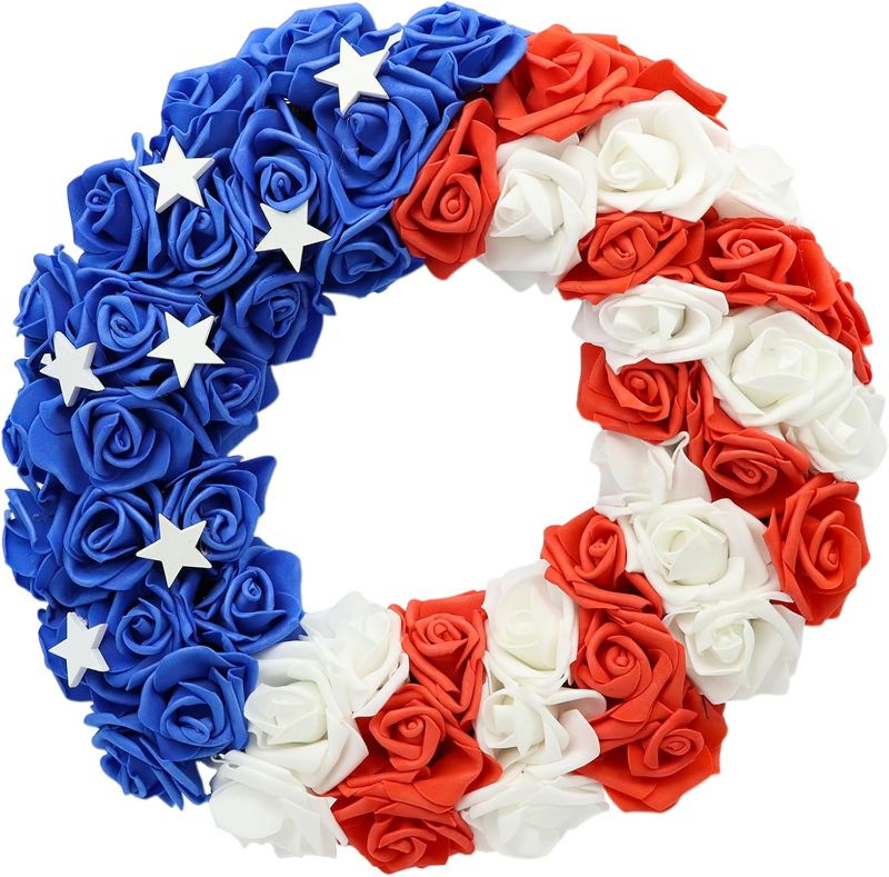Photo 1 of 4th of July Wreath with Handmade Wooden Stars - 13 Inch Patriotic Front Door Wreath, Red White Blue American Flag Decor for Porch, Indoor Outdoor Memorial Day Independence Day