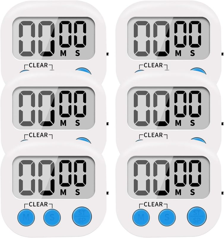 Photo 1 of 6 Pack Small Digital Kitchen Timer Magnetic Back and ON/Off Switch,Minute Second Count Up Countdown, White