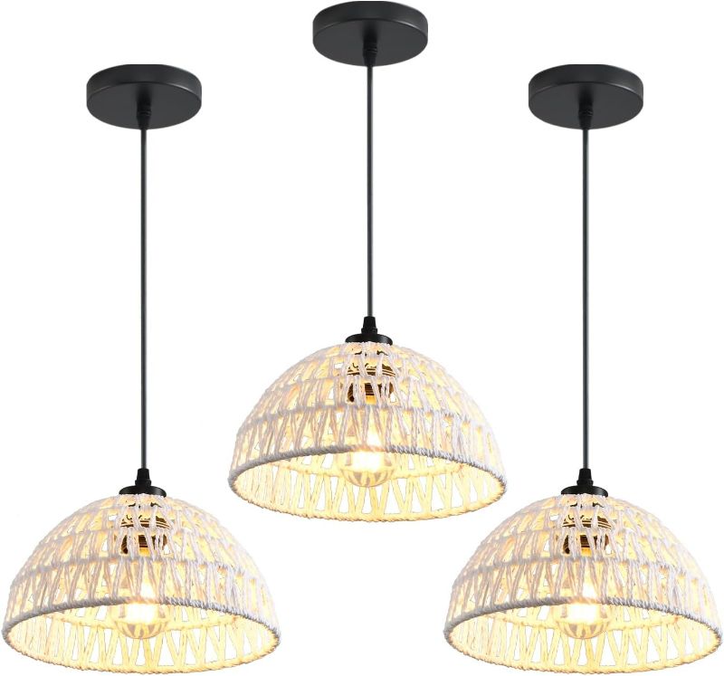 Photo 1 of Woven Pendant Light Fixtures 10.2" White Rattan Farmhouse Boho
3 Pack Pendant Lights Adjustable Hanging Lamp Basket Light Fixture for Kitchen Island Dining Room Bedroom Foyer Hallway (brown)