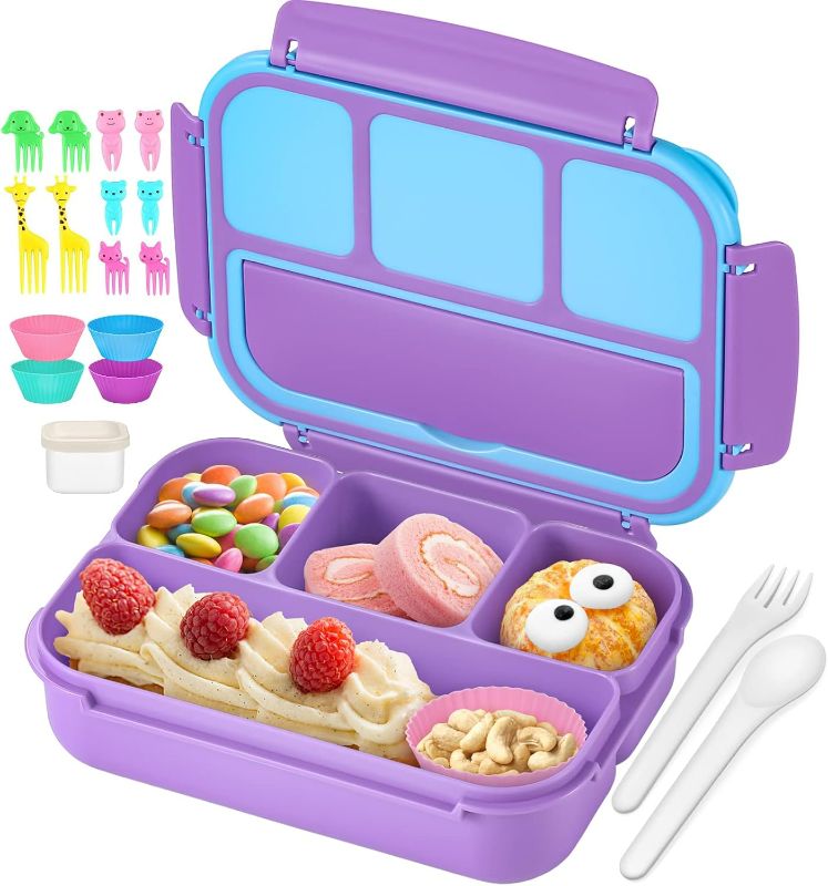 Photo 1 of QQKO Bento Lunch Box for Kids Girls Boys, Toddler Kids Lunch Boxes for School, Lunch Containers for Adults with 4 Compartments, Sauce Container, Utensils, Food Picks and Muffin Cups, Purple