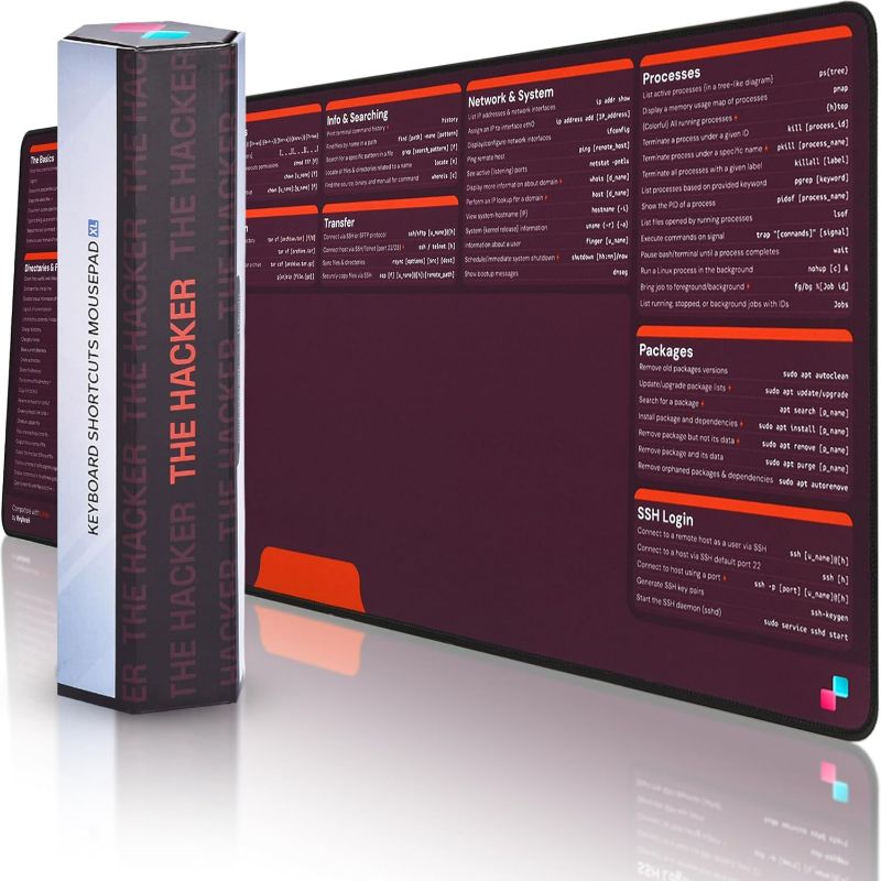 Photo 1 of Keybeak Linux Mouse Pad Commands (31.5x11.8 in) - Linux Cheat Sheet Desk Mat - Computer Programming Gifts for Hackers, Cybersecurity Gifts for Men & Women - The Hacker XL