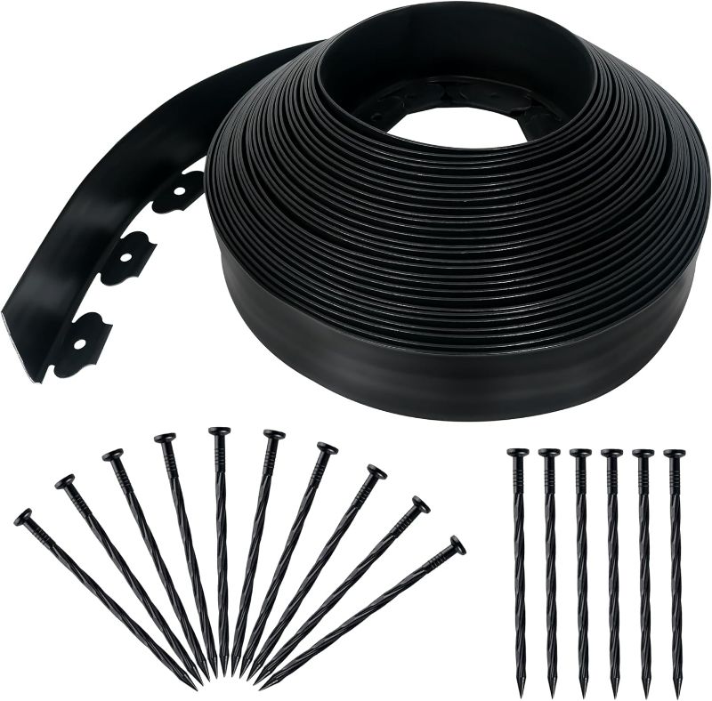 Photo 1 of 3.15" x 100' No Dig Landscape Edging, Flexible Garden Edging Borders with 90 Anchoring Spikes, Plastic Lawn Edging for Landscaping Garden Flower Beds Grass Yard Paver Pathway, Black
