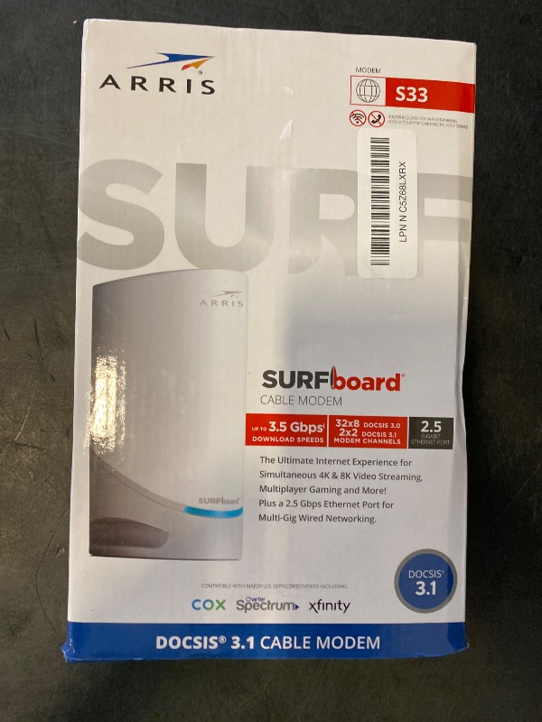 Photo 1 of ARRIS (S33) - Cable Modem - Fast DOCSIS 3.1 Multi-Gigabit Cable Modem For Comcast Xfinity, Cox, Spectrum & More 1 & 2.5 Gbps Ports 2.5 Gbps Max Internet Speeds 2 Year Warranty - (No Built-in Wifi)