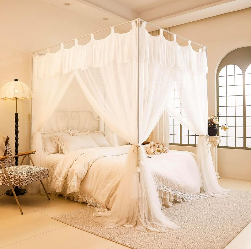 Photo 1 of Mengersi 4 Corners Post Bed Canopy Curtains,Double Layer Cozy Canopy Bed Curtains Mosquito Net for Girls Adults Bedroom Decoration Accessories(White,Queen)