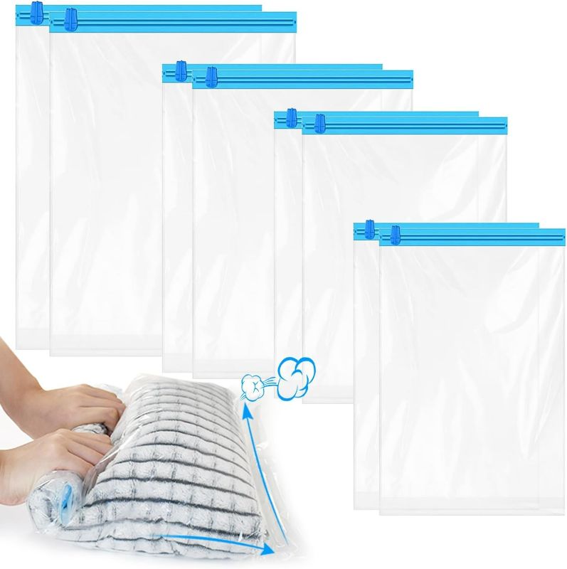 Photo 1 of Compression Bags for Travel, 8 Pack Space Saver Bags No Pump Need Vacumm Storage Bags Roll Up Travel Accessories Packing Bags Organizers for Clothes, Travel Essentials