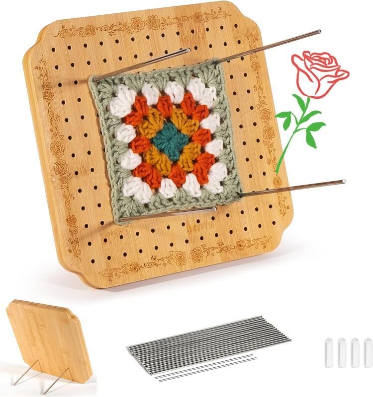 Photo 1 of CraftyManor 7.6 in Blocking Boards for Crochet Projects with Rose Pattern, Crochet Blocking Board with Pegs, Granny Square Blocking Board with 20 Stainless Steel Pegs, Bamboo