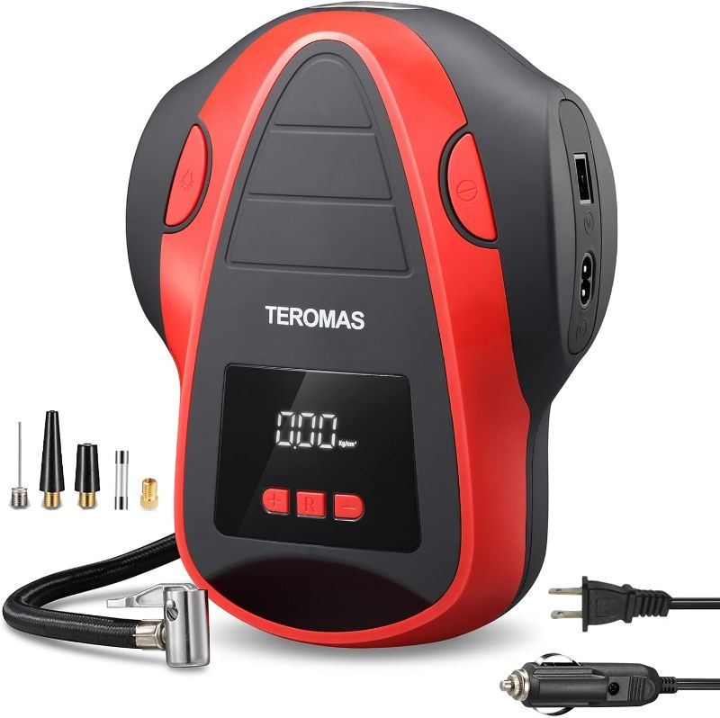 Photo 1 of TEROMAS Tire Inflator Portable Air Compressor, Air Pump DC/AC for Car Tires 12V DC and Other Inflatables at Home 110V AC, Digital Electric Tire Pump with Pressure Gauge(Red)